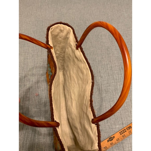 Handmade Patchwork knit Tote Bag purse Tortoise Shell Handles Vintage Unique - Picture 2 of 9